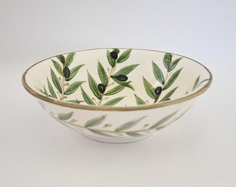Handmade Ceramic Bowl: Olive Leaf Pattern, Hand Painted