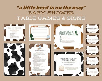 Baby Shower Signs, Activities, and Games - Trivia, Table Tents, & More! "A Little Herd Is On The Way" Cowprint, Western-Themed!