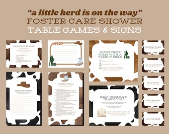 Foster Care Shower Signs, Activities, and Games - Trivia, Table Tents, & More! "A Little Herd Is On The Way" Cowprint, Western-Themed!