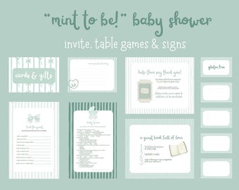 Baby Shower Invite, Signs, Activities, and Games - Trivia, Table Tents, & More! "Mint To Be" Sage Green Themed!