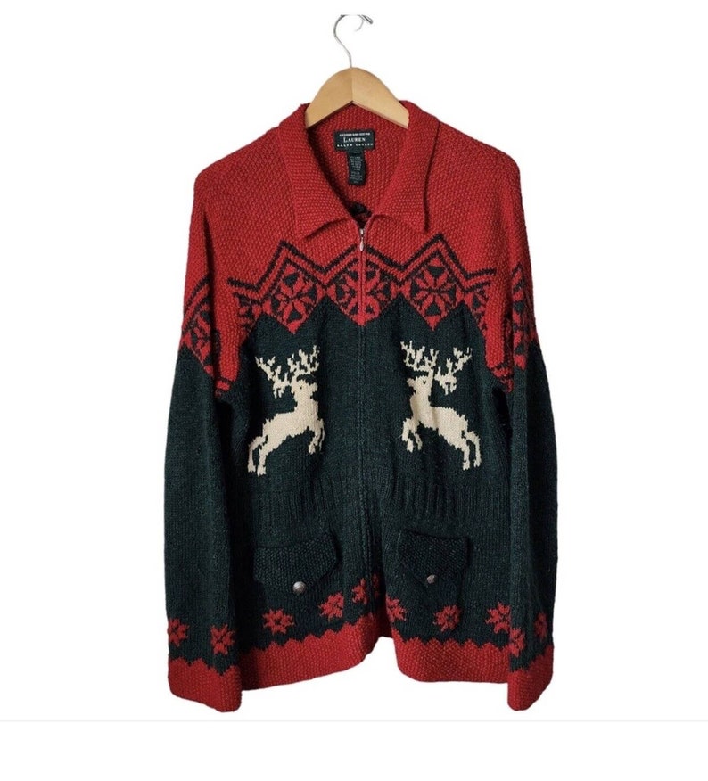 VTG Ralph Lauren Hand Knit Sweater Reindeer Silver Buttons M Linen Red ...