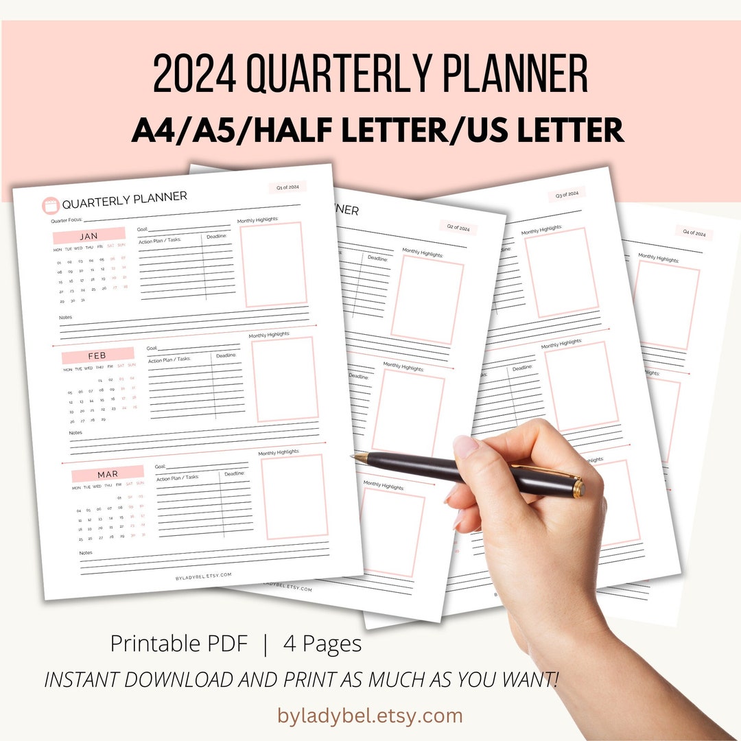 2024 Quarterly Planner Printable 3 Monthly Planner 90 Days Goal Planner ...
