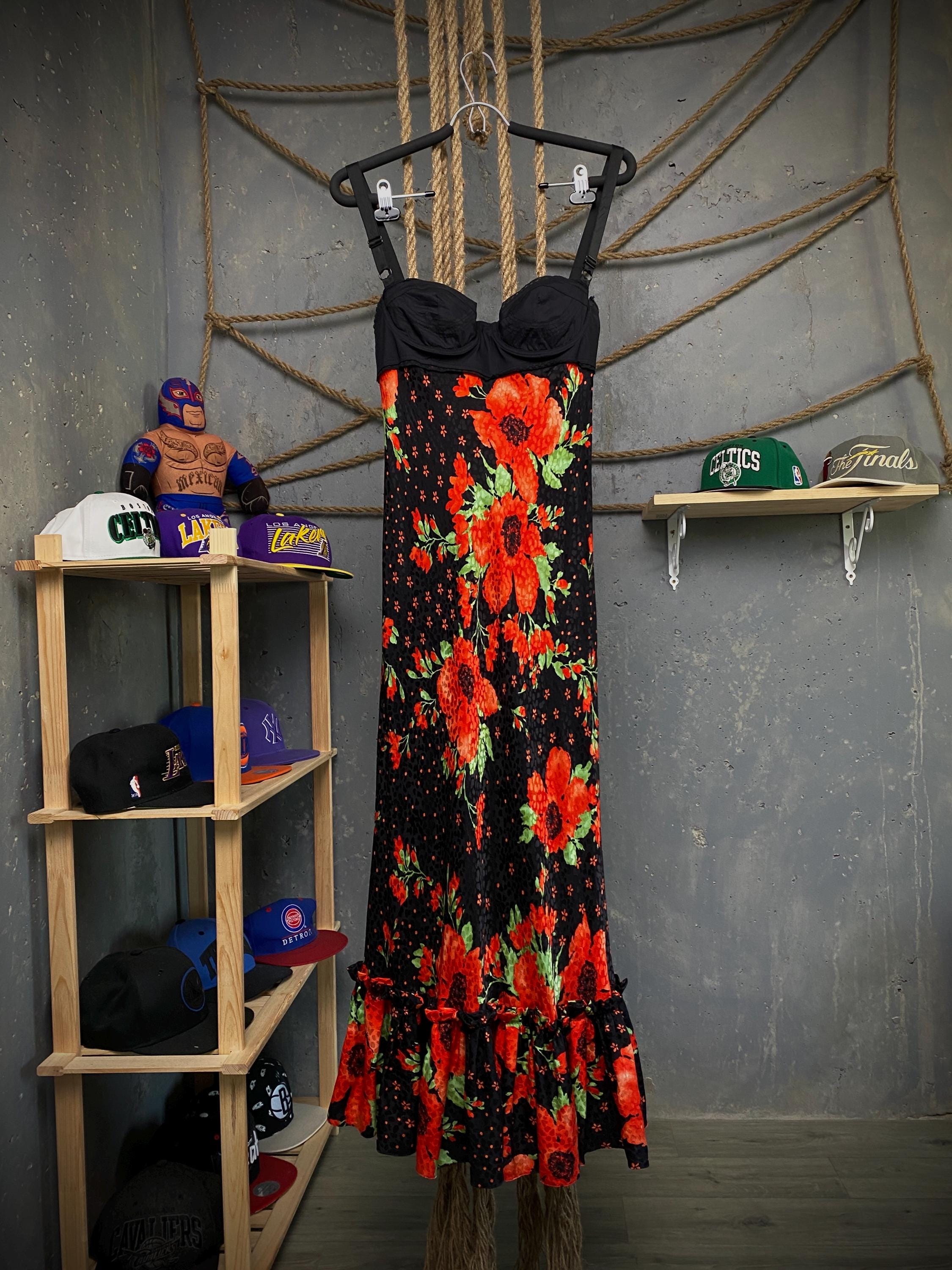 D&G Dolce Gabbana Vintage Poppy Print Silk Length Dress Womens 
