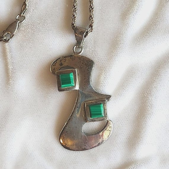 Mexican Modernist Erika Hult de Corral "Ric" Sterling & Malachite Pendant Necklace