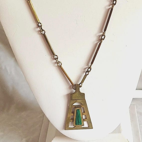 Mexican Modernist Erika Hult de Corral "Ric" Brass & Malachite Pendant Necklace
