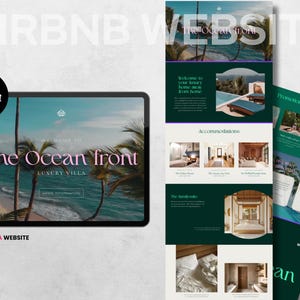 Op de afbeelding: Een digitale mockup van een Airbnb-websiteontwerp, met een tablet en extra pagina's. De tablet toont een strandscène met de tekst "The Ocean Front Luxury Villa". Het ontwerp maakt gebruik van teal, wit en roze kleuren.