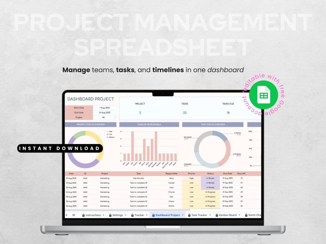 Project Management Spreadsheet Template for Google Sheets - Etsy