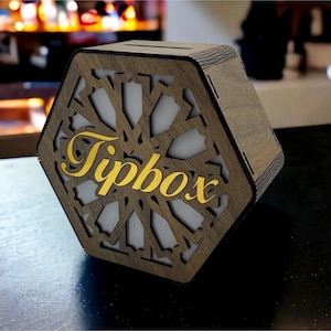 Handmade Wooden Tip Box with LED Light Hexagon Geometric and Linear Designs Battery Operated Tip Jar for Shops and Cafes