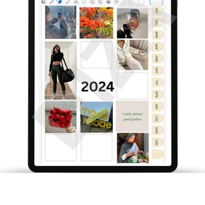 May include: A digital planner with a calendar layout for the year 2024. The calendar is divided into months with a space for photos or images for each month. The planner has a light beige background with a white grid and black text. The text "2024" is in large black font in the center of the planner. The planner also includes the text "i only attract good grades."