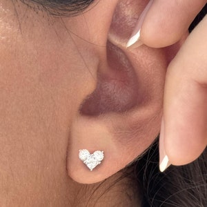 14K Solid Gold Diamond Heart Earrings, Solid Gold Small Stud Earrings, Handmade Jewelry, gift for her.