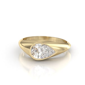 Solid Gold Signet Ring with 1.2 Carat Moissanite Teardrop, 14K Yellow Gold Pinky Signet Ring, Pear Diamond Design.