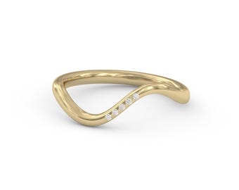 14k Diamond Wave Ring: Solid Gold Chevron Stacking Band