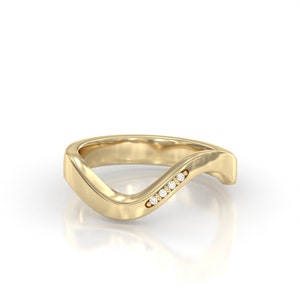 Diamond Wave Stacking Ring,14k Curved Wedding Band ,Stacking Ring Women, Solid Gold Deep Chevron Ring  ,Bridal Engagement