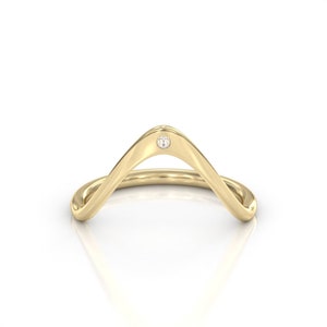 Gold Wave Stacking Ring with Lab Grown Diamonds – 14K/18K Solid Gold Curved Band – Minimalist Chevron Ring for Women