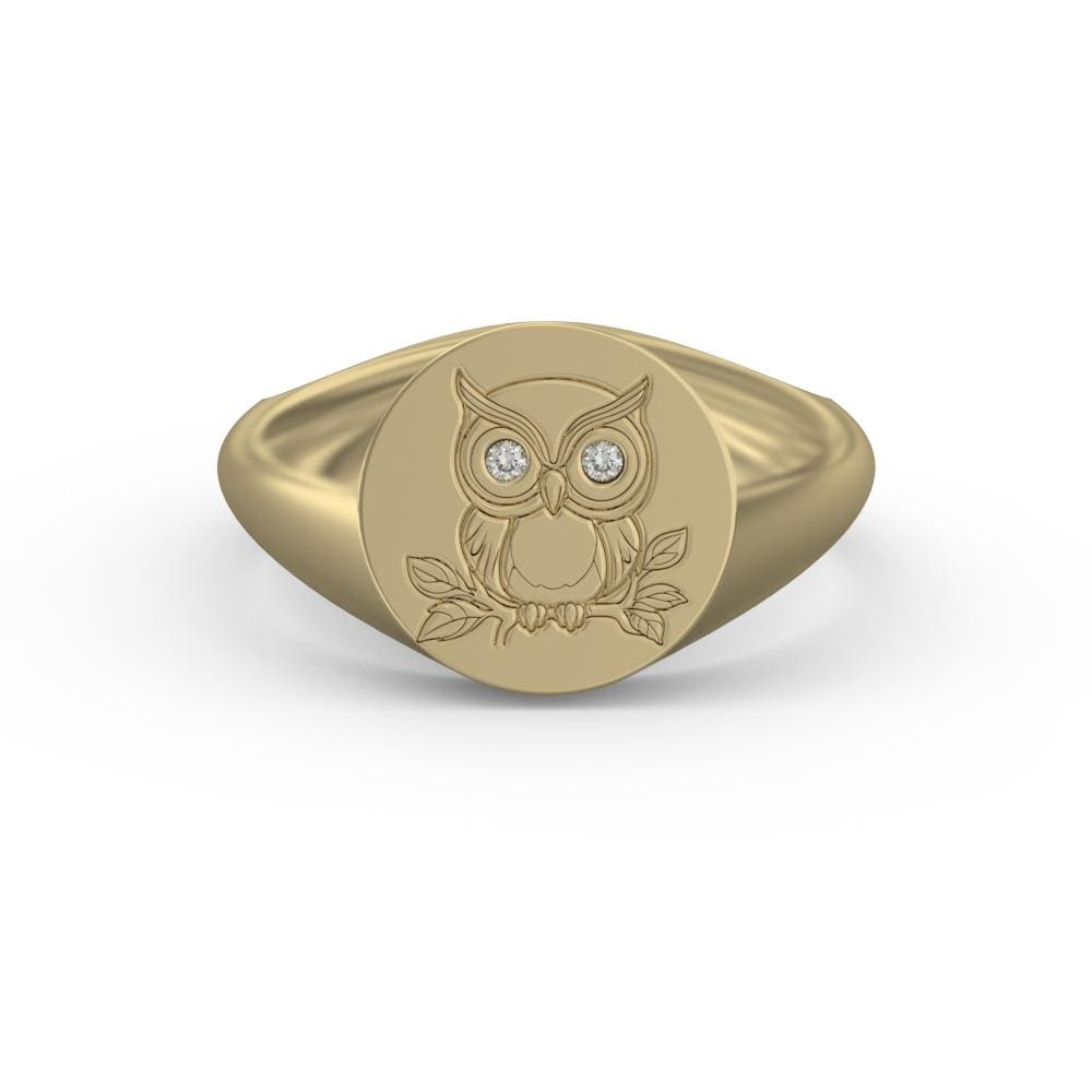 14K or 18K Solid Gold Owl Signet Ring with Lab Diamond Eyes &ndash; Custom Gold Color &ndash; Animal