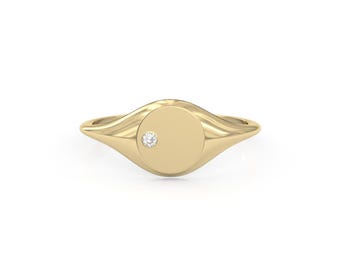 Anillo de sello de oro macizo de 14 quilates con diamante cultivado en laboratorio