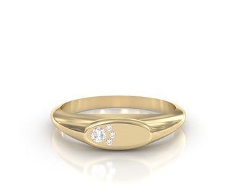 Handmade 14K Gold Oval Signet Ring: Lab Grown Diamond Minimalist Pinky Ring