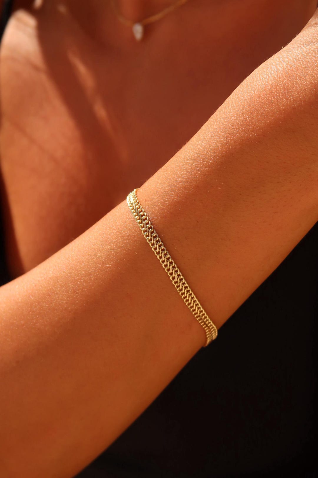 【HYERES LOR】Colombed'Or 14K double chain bracelet Dia 14K Solid Yellow Gold Double Link Chain Bracelet | eBay