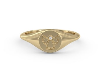 Pierścień sygnetowy anioła ze złota 14k z naturalnym diamentem, ręcznie wykonana biżuteria