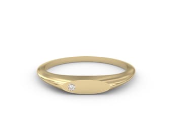 14K Solid Gold Diamond Signet Ring - Handmade Pinky Ring