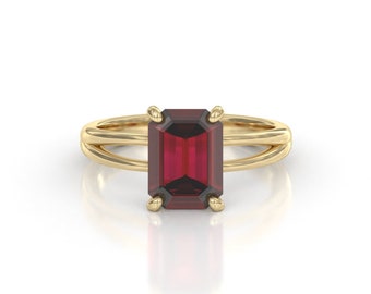 Lab-Grown Ruby Gold Ring: Emerald Cut Double Band, 2.5 Carat
