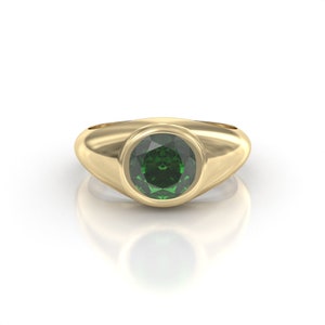 14K Gold Emerald Signet Ring: 2CT Round Solitaire, Alternative Engagement Ring