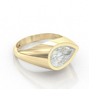 Solid Gold Signet Ring with .2.5 Carat Moissanite Teardrop, 14K Yellow Gold Pinky Signet Ring, Pear Diamond Design.