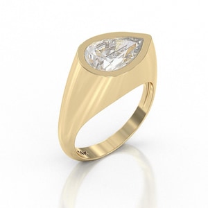 Solid Gold Signet Ring with .2.5 Carat Lab Diamond Teardrop, 14K Yellow Gold Pinky Signet Ring, Pear Diamond Design.