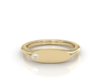 14K Gold Diamond Oval Signet Ring: Minimalist Lab Grown Diamond