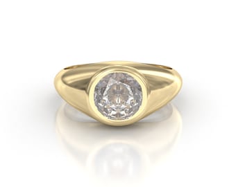 14K Gold 2CT Lab Grown Diamond Signet Ring - Round Solitaire Engagement Ring