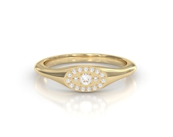 14K Gold Oval Signet Ring: Lab-Grown Diamond Halo