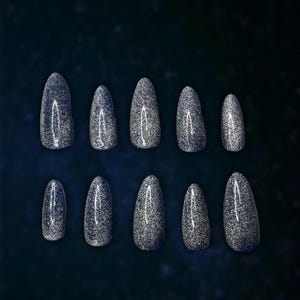 Può includere: Un set di dieci unghie finte argentate con glitter. Ogni unghia è di diverse dimensioni e forma, con la punta arrotondata. Le unghie hanno una finitura scintillante e riflettente, su sfondo blu scuro.