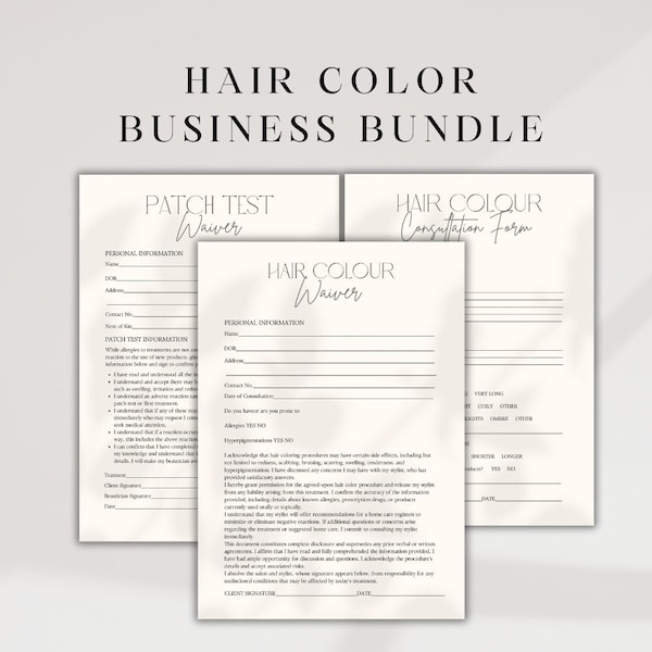 Hair Colour Forms, Service Waiver, Consultation Form, Patch Test Waiver, Instant Download Canva Template