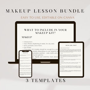 Op de afbeelding: Een digitale mockup van drie sjablonen voor een make-uplespakket. De sjablonen worden weergegeven op een laptop, een tablet en een smartphone. Het laptopscherm toont een lijst met make-up producten die in een make-upkit moeten worden opgenomen. Het tabletscherm toont een lijst met huidverzorgingsproducten die in een huidverzorgingsroutine moeten worden opgenomen. Het smartphonescherm toont een lijst met hygiëneproducten die in een hygiëneroutine moeten worden opgenomen. De tekst op de sjablonen is in zwart en wit. De achtergrond is lichtgrijs.