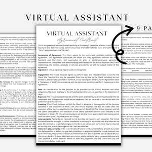 May include: A contract titled "Virtual Assistant Agreement Contract" with the text "9 Pages" in the upper right corner. The document outlines terms, conditions, and services. The text is black on a white background, with a simple, professional design.
