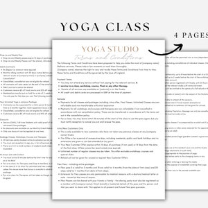 Op de afbeelding: Een document met de titel "Yoga Class" en "Yoga Studio Terms and Conditions" in gouden letters. Het document beschrijft de algemene voorwaarden voor een yogastudio, inclusief betalingsvoorwaarden, restitutiebeleid en informatie over klaspassen.