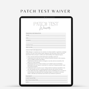 Formulaire modifiable de dispense de patch test - modèle Canva pour accord sur la sensibilité de la peau, allergie cutanée, formulaire de libération du patch test, téléchargement numérique