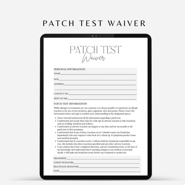 Bearbeitbares Patch-Test-Verzichtsformular - Canva-Vorlage für Hautempfindlichkeitsvereinbarung, Hautallergie, Patch-Test-Freigabeformular, digitaler Download