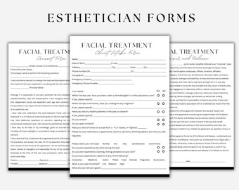 Op de afbeelding: Drie zwart-witte afdrukbare formulieren voor schoonheidsspecialisten. Het eerste formulier is een toestemmingsformulier van de klant, het tweede is een intakeformulier van de klant en het derde is een verklaring van afstand en vrijgave. De formulieren bevatten vragen over allergieën, medische geschiedenis en huidverzorgingsdoelen.