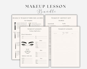 May include: A collection of makeup lesson guides and checklists. The bundle includes guides for face brushes, makeup application, and a makeup artist kit checklist. The text "MAKEUP LESSON" and "Bundle" are at the top of the image.