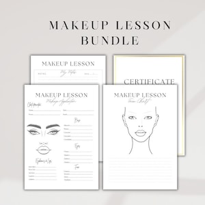 May include: A printable makeup lesson bundle with a certificate, face chart, and makeup application checklist. The bundle includes a notes section, a face chart for the eyes, brows, lips, and face, and a makeup application checklist.