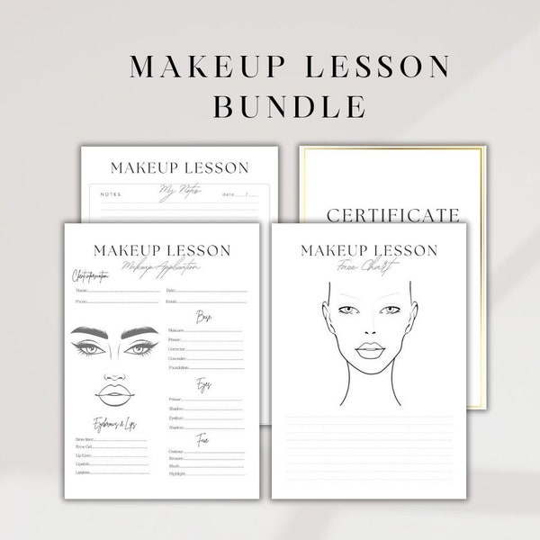 MakeUp Lesson Bundle, Makeup Application, MUA Face Chart, Certificate Canva Template - Instant Download