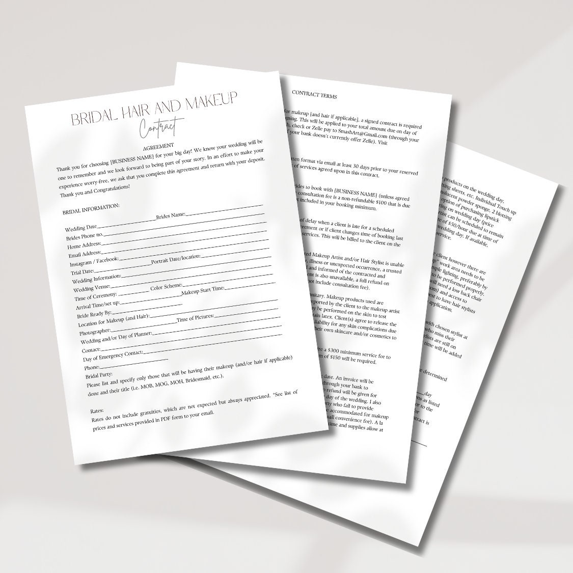 Professional Bridal Makeup and Hair Contract, Consent, and Requirements Canva Template Editable