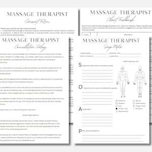 May include: A black and white printable document with the title "Massage Therapist" and sections for client feedback, soap notes, and a consent form. The document includes a body diagram for symptom analysis.