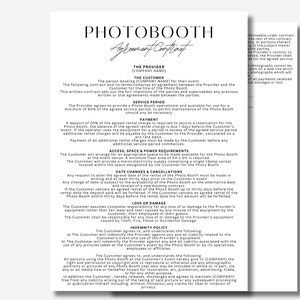 Professional Photo Booth Agreement Contract, Terms and Conditions for Rental Template
