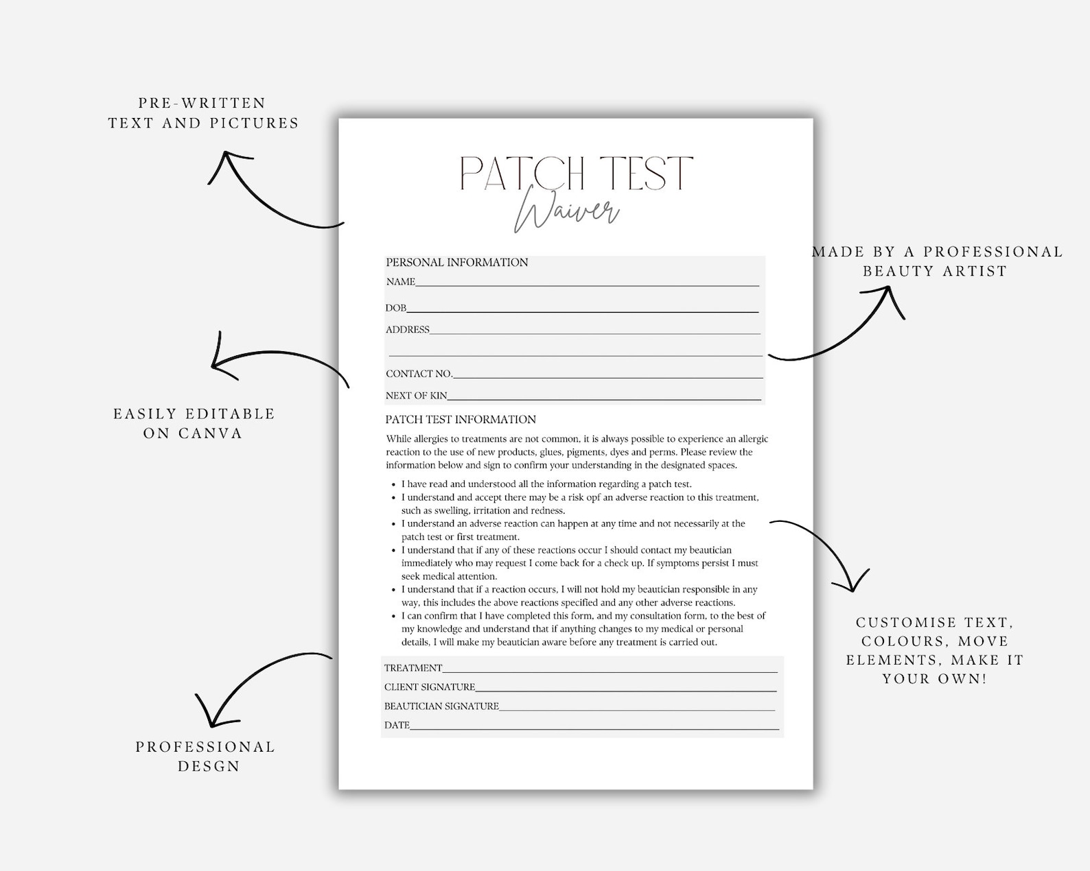 Patch Return Sheet.pdf Editable Patch Test Waiver Form: Canva Template (digital Download ...
