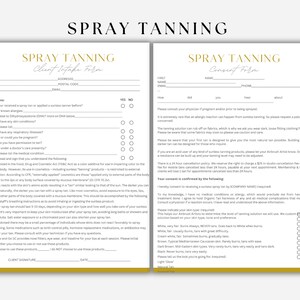 Könnte beinhalten: Ein Spray Tan-Kundenaufnahmeformular und ein Einverständniserklärungsformular. Das Aufnahmeformular stellt Fragen zu Allergien, Hauterkrankungen und Krankengeschichte. Das Einverständniserklärungsformular erklärt den Bräunungsprozess und bittet den Kunden, seinen gewünschten Bräunungsgrad auszuwählen.