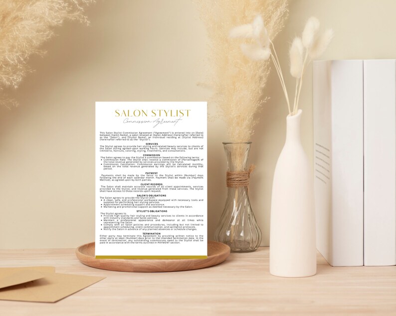 Editable and Printable Salon Stylist Commission Agreement, Employeee ...