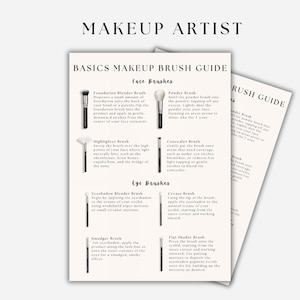 May include: A guide to basic makeup brushes, with illustrations of each brush and its use. The guide is divided into two sections: Face Brushes and Eye Brushes. The Face Brushes section includes brushes for foundation, powder, highlighter, and concealer. The Eye Brushes section includes brushes for eyeshadow blending, crease, smudging, and flat shading.