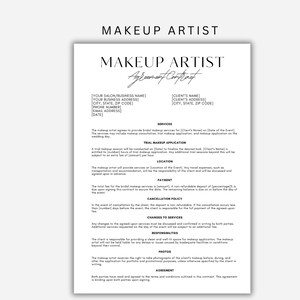 Könnte beinhalten: Schwarz-weißes Vertragsabkommen für Make-up-Artist-Dienstleistungen. Das Dokument enthält Abschnitte für Dienstleistungen, Probe-Make-up-Anwendung, Standort, Zahlung, Stornierungsrichtlinien, Änderungen an Dienstleistungen, Verantwortlichkeiten, Fotos und Vereinbarung.